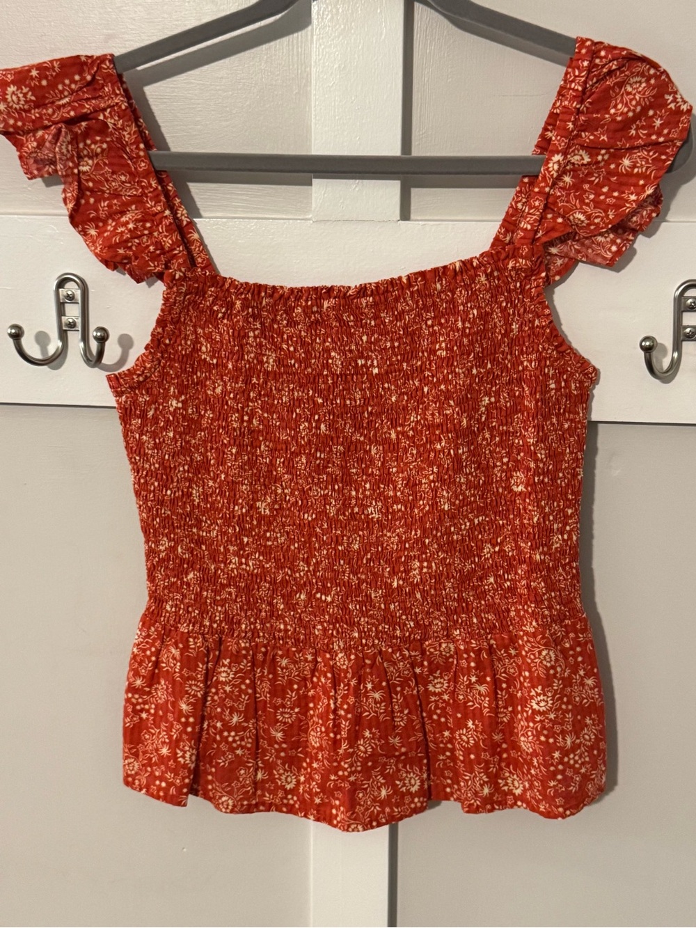Madewell Orange and White Floral Smocked Ruffle Peplum Top